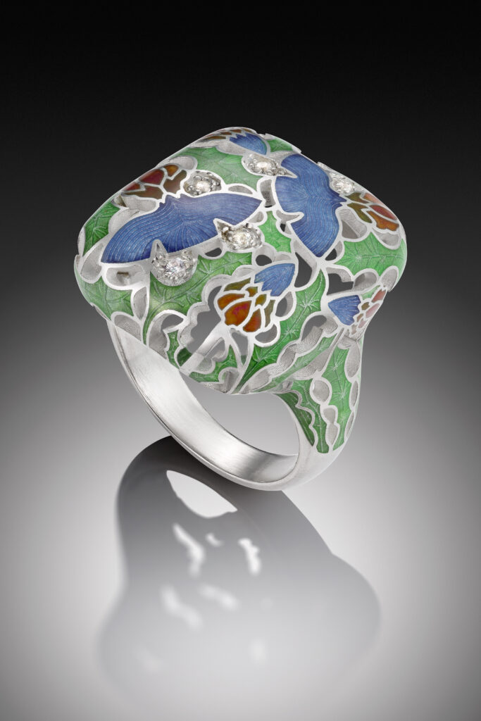 Champleve enamel thistle ring in sterling silver with white sapphires