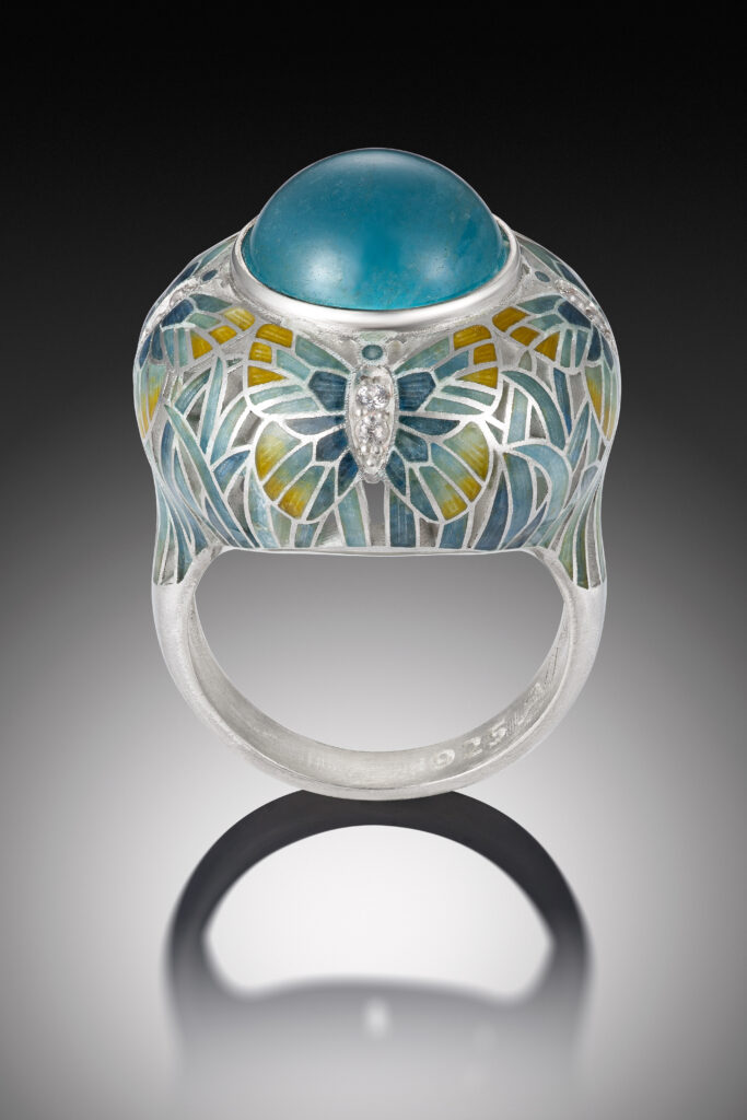 Champleve enamel butterfly ring in sterling silver with aquamarine and white sapphires