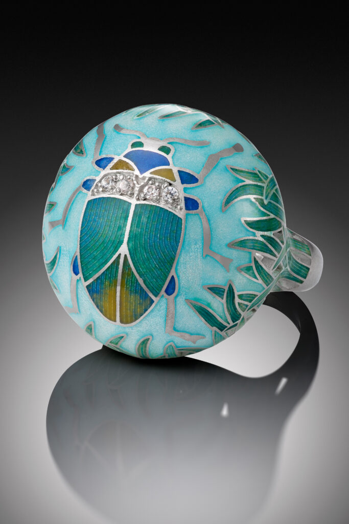 Champleve enamel beetle ring in sterling silver with white sapphires
