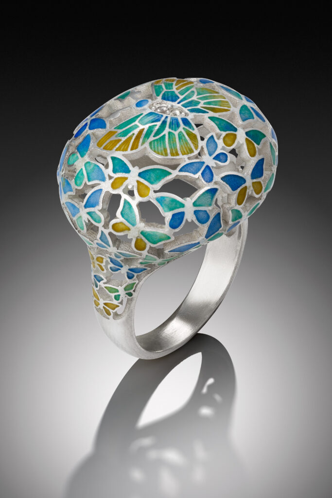 Champleve enamel butterfly ring in sterling silver with white sapphires