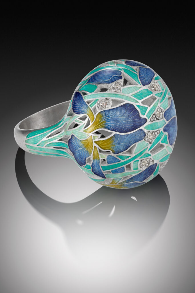 Champleve enamel iris ring in sterling silver with white sapphires