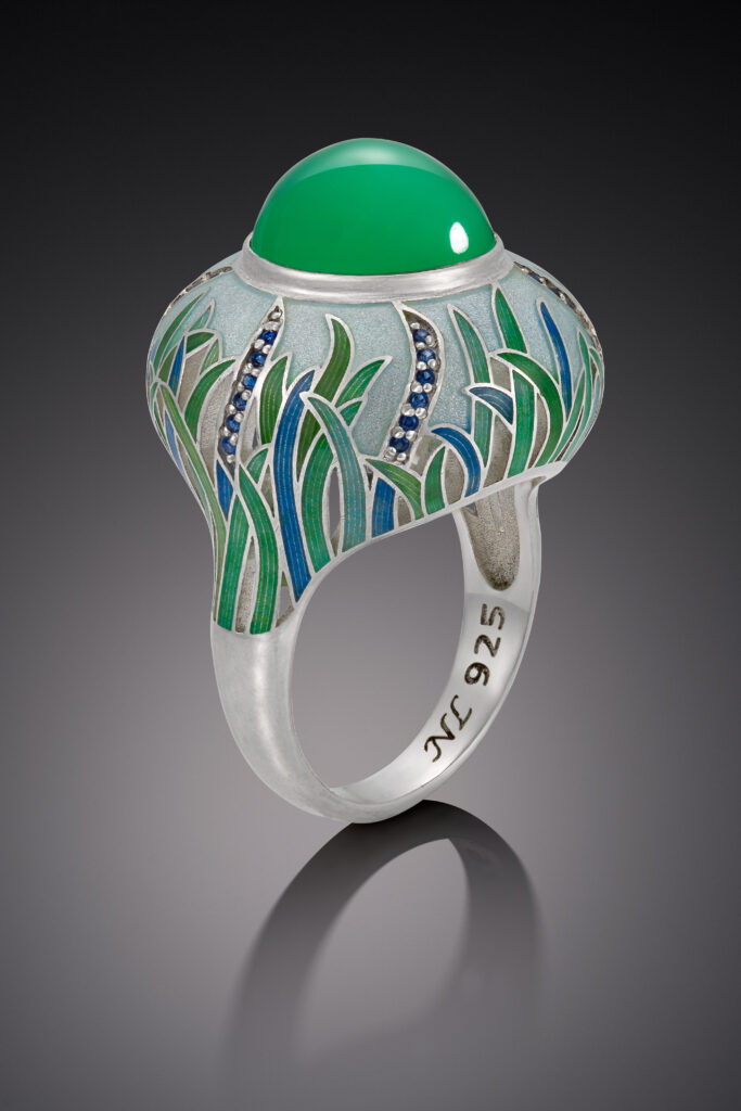 Ring “Summer” - champleve enamel ring in sterling silver with blue sapphires and chrysoprase