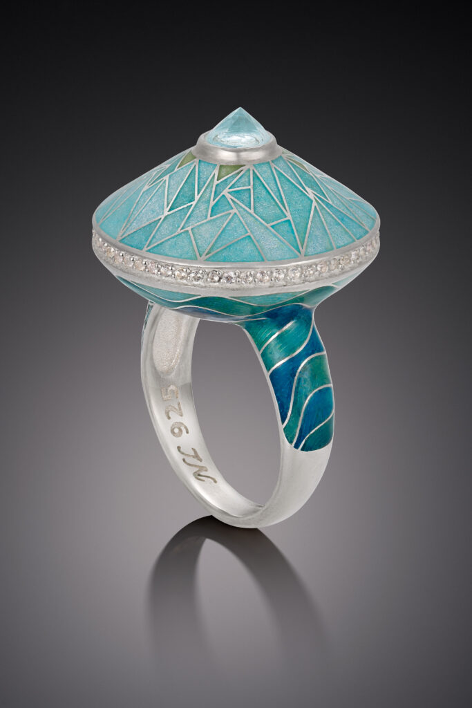 Ring “Iceberg” - champleve enamel ring in sterling silver with white sapphires and blue topaz